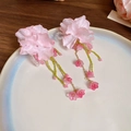Pink floral tassel earrings with green beads on a white ceramic plate for summer style - Pink Flower Green Seed Bead Tassel Style (3# Silver Earring Post)