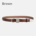 Dark brown leather belt with vintage silver round buckle and western metallic tip decoration - Brown
