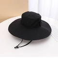 Detailed view of black wide-brim sun hat with adjustable cord and metal vents - M (56-58cm) / Black