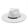 Classic white wool felt fedora hat with wide brim, black ribbon, and gold chain detail - M (56-58cm) / White