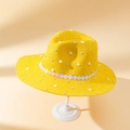 Cappello di paglia giallo tipo Fedora con perle e strass decorativi per la protezione - M (56-58cm) / Giallo