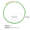 Green cat eye opal bead necklace with gold stainless steel beads and extension chain - 40+5cm / 5.8mm / Green