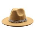 Detail of camel wool fedora hat featuring a sparkling rhinestone decorative band - Camel