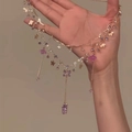 Double-layered silver necklace with purple butterfly charms and crystals for women - Gold Purple Butterfly