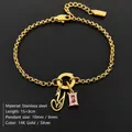 Elegant 14K gold plated stainless steel bracelet with letter y and pink crystal - Letter Y