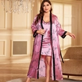 Pink satin lounge set with black love prints featuring a long robe and matching dress - Pink