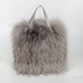 Faux raccoon fur handbag in grey finish with premium leather handles for women - Gray