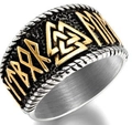 Detailed close-up of Viking Valknut ring with gold accents and Nordic runes on side - Valknut Two-Tone (20304 Two-Tone)