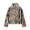 Back view of a plush faux fur coat with brown striped pattern and standing collar - S / Wood Pattern