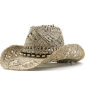 Cappello da cowboy in paglia intrecciata a mano con trama traforata e fascia di perline - M (56-58cm) / Naturale (01)