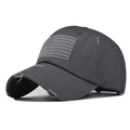 Close-up of distressed cotton baseball cap with vintage American flag patch detail - Washed Cotton Dark Grey