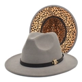 Gray wool fedora hat with leopard print lining and elegant gold M metal buckle trim - M (56-58cm) / Light Gray