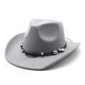 Close-up of a gray wool cowboy hat featuring an ethnic band with turquoise and shell detail - M (56-58cm) / Gray