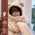 Creamy white plush 3-in-1 winter hood with scarf and gloves featuring cute bear ears - Bear 3-Piece Set / Beige