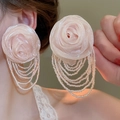 Pendientes de rosa en tul rosa nude con borlas de perlas para vacaciones de playa - Rosa de tul con borlas de cuentas (20#)