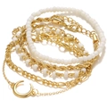 Bohemian gold chain bracelet set with white beads and a crescent moon pendant - 5 Pcs Gold Beads Moon Set