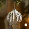 Transparent glass Christmas ball ornament with white tassel and silver rhinestones - 8CM Round Tassel Style / 63g
