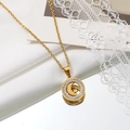 Polished titanium steel necklace featuring a crystal-encrusted moon and star round pendant - Moon & Star