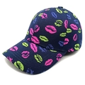 Detailed view of navy canvas baseball cap with vibrant multi-colored lip patterns - M (56-58cm) / Navy Blue