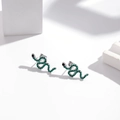 Silver snake stud earrings with green micro-pave crystals and black gem eyes - Silver / Green & Black Zircon