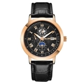 Reloj de cuarzo para hombre con caja dorada, esfera negra, fase lunar y cuero - Esfera Negra Caja de Oro Rosa Correa Negra