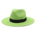 Detail of a bright green straw fedora hat with a smooth black decorative ribbon band - M (56-58cm) / Grass Green