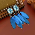 Detail of bohemian gold hook earrings with blue feathers and geometric circular patterns - Ear Hook-Blue