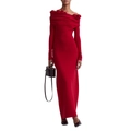 Elegante rode maxi-jurk met blote schouders, lange mouwen en 3D-bloemendetails aan de nek - S / Rood