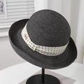 Close-up of black straw hat with white polka dot ribbon and gold MISS lettering - M (56-58cm) / Black Polka Dot Upturned Wide Brim Straw Hat
