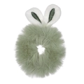 Close-up of sage green plush scrunchie with cute white rabbit ear decorative details - Green Bunny Ears