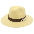 Close-up of beige panama hat with leopard print ribbon and elegant pearl flower accents - Light Yellow
