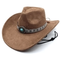 Brown vintage Western cowboy hat with turquoise embellishment and embroidery - M (56-58cm) / Light Coffee