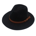 Classic black woven straw fedora hat featuring a brown leather ribbon with tassel detail - Black