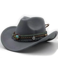 Detail of grey wool felt cowboy hat featuring ethnic beaded band and turquoise stone - M (56-58cm) / Light Gray