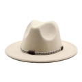 Detail of beige wool fedora hat with woven decorative band and vintage leather accent - Beige