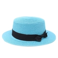 Light blue flat top straw hat with wide black ribbon bow for summer beach sun protection - S (54-56cm) / Sky Blue