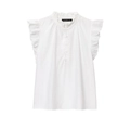 Detail van opstaande kraag met ruches en knoopsluiting op witte katoenen blouse - S / Wit