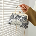 Elegant Chinese style evening bag with grey floral embroidery and gold metal handle - Simple Gold Thread Rose / Dark Blue