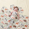 Bamboo cotton muslin swaddle blanket and matching pillow with forest animal prints - Jungle World