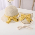 Handmade straw sun hat and matching bag set for kids with yellow ribbon bows - Kids 54cm (4-9 Years) / Hat + Bag Set / Beige
