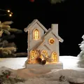 Rustic lighted wooden Christmas house with snow texture and LED warm light glow - Pine Cone Snow House Style G Battery Model