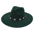 Close-up of a wide brim felt fedora featuring a black band with embossed silver metal studs - Dark Green