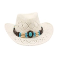 Cappello da cowboy in paglia intrecciata color crema con fascia in turchese boho - Taglia unica / Stile Intrecciato Traforato / Bianco