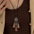 Ethno-Halskette mit Blumenanhänger, braunen Seidenquasten und Boho-Perlen - 1# Halskette-Kaffee-Blumenstil