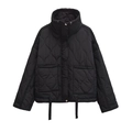 Black wavy quilted stand-collar jacket for women with drawstring cuffs and loose fit - XS / Black