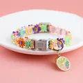 Pink lace cat collar with colorful floral embroidery and lemon slice pendant charm - Orange Pendant/Metal Bell / Multicolor Orange