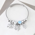 Silver charm bracelet featuring colorful beads, blue evil eye, and heart pendant engraving - C2-003 Blue