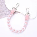 Detail of pink and white hand-woven bag handle strap with silver lobster claw clasps - 12mm Width / Pink