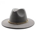 Classic mid-grey wool fedora hat with a bold gold metal chain band decoration - 58cm One Size / Light Gray