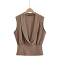 Brown sleeveless V-neck crossover top with ruched waist and textured crepe fabric - S / Brown Top